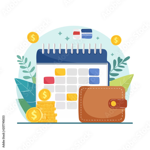 Financial planning flat vector illustration with calendar and wallet