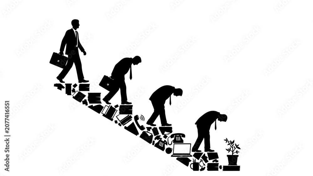 Naklejka premium Businessmen walking down a staircase made of office supplies