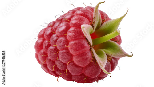 Obraz na płótnie Ripe red raspberry with green sepals and stem