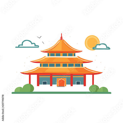 Traditional orange house with blue windows illustration
