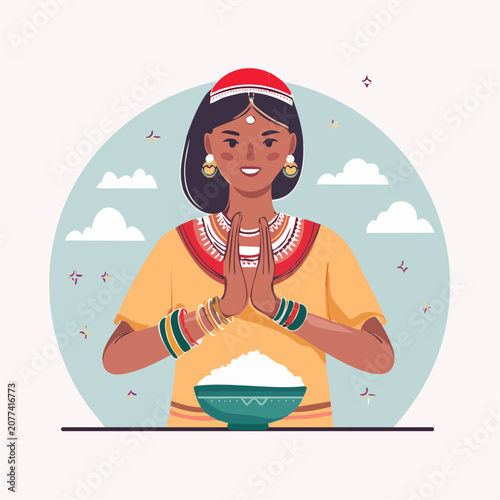 Woman in traditional clothing offering a bowl of rice