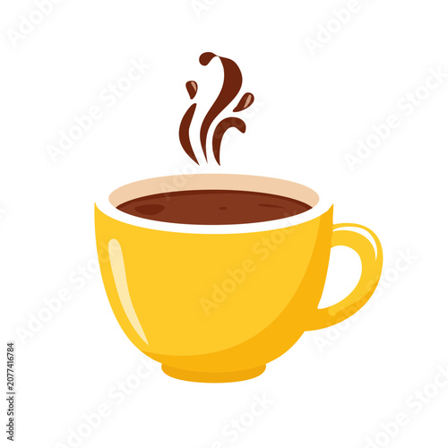 Yellow coffee cup with steam, flat vector illustration