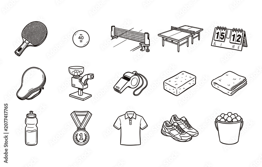 Fototapeta premium Table tennis training gear vector icons including ball machine and scoreboard