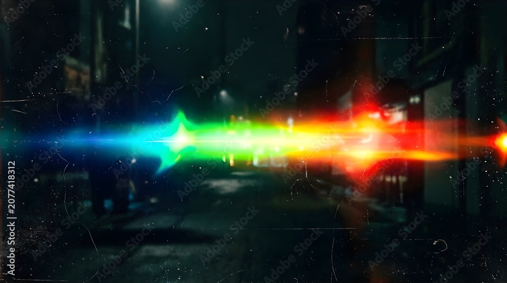Fototapeta premium Colorful light leak streaks on dark film texture background
