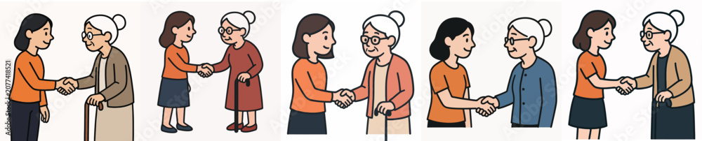 Fototapeta premium set of vector women shaking hands with grandmother