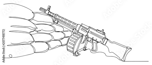 Foto Machine gun behind sandbags fortification continuous line drawing, military defe