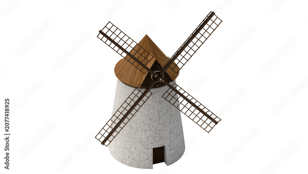 Fototapeta premium Traditional stone windmill with wooden roof and sails