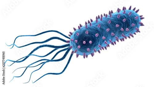 Schilderij op canvas Blue bacterium with flagella and purple spikes
