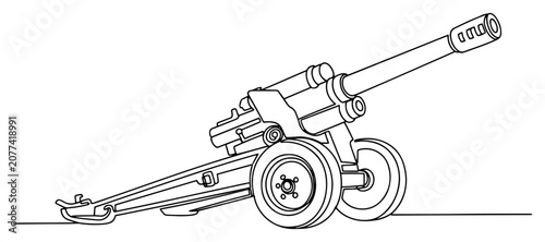 Foto Military artillery cannon howitzer continuous line drawing, army heavy weapon an