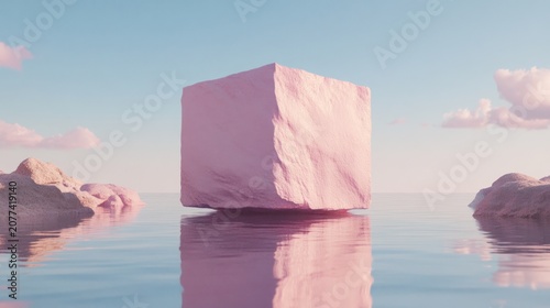 Pink cube floating on calm water pastel abstract minimalist image