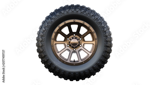 Tableau sur toile Off-road tire and bronze alloy wheel with aggressive tread pattern
