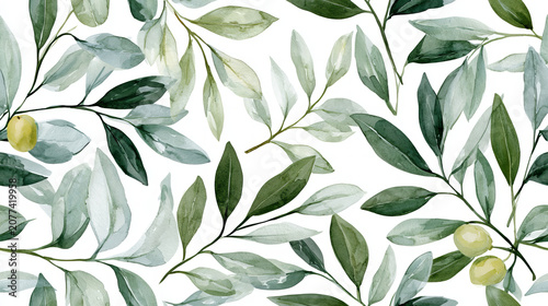 Seamless watercolor olive branch pattern with green leaves and ripe olives on white background. Elegant botanical illustration for wallpaper, fabric, wrapping paper, stationery and home decor.