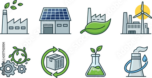 Green energy and sustainable industry flat icons set featuring renewable power recycling eco technology environmental factory and clean solutions