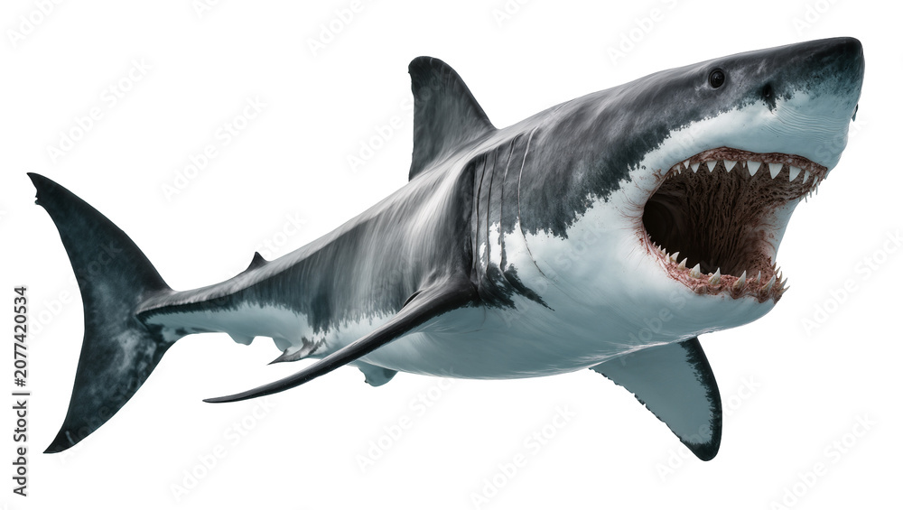 Obraz premium Great white shark with open mouth and sharp teeth