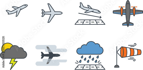 Aviation and airport icon collection featuring airplane flight landing weather runway and windsock symbols in flat vector style