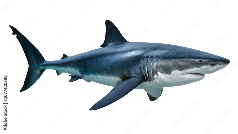 Obraz premium Great white shark swimming side view, showing teeth and gills