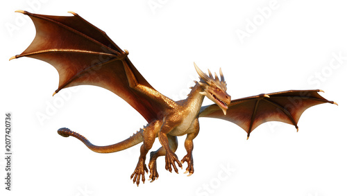 Canvastavla Golden dragon with large brown wings spread wide