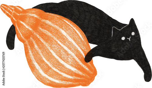Tableau sur toile Playful black cat with orange conch shell, colored pencil texture hand-drawn gra