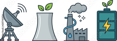 Clean energy and sustainable technology icon set featuring satellite renewable power industrial emissions and green battery illustrations