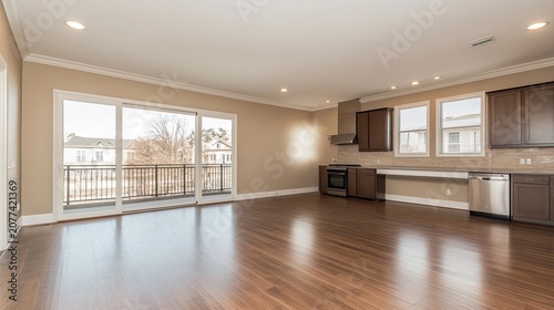 Spacious modern apartment interior with city view and hardwood floors