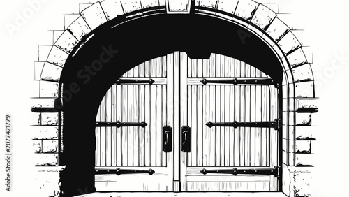 Fotografie Rustic Wooden Castle Gate with Stone Archway, Medieval Entrance, Fortress Doorwa