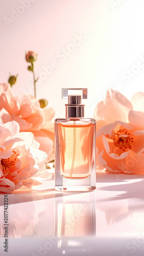 Elegant perfume bottle surrounded by delicate flowers on bright background