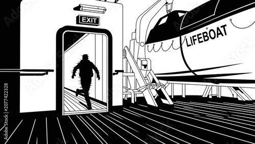 Bild auf Leinwand Silhouette of a man running out of an emergency exit on a ship deck with a lifeb