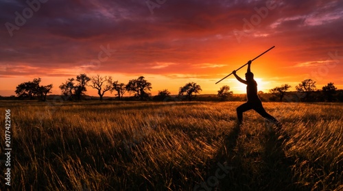 Silhouette of a Samurai Warrior Practicing with a Staff in an Open Field at Sunset