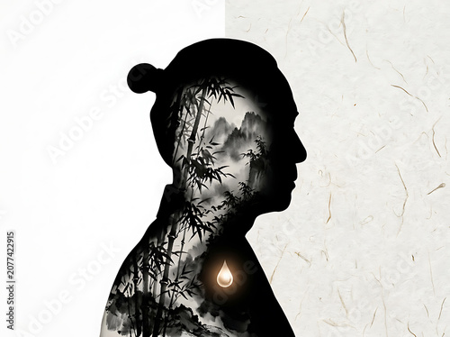 Double exposure of a serene Asian woman with a glowing drop on her chest and a scenic landscape through her silhouette.