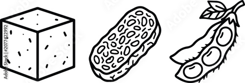 Tofu, Tempeh, and Soybean Pod Black Line Art Vector Illustration Set
