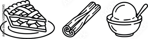 Set of 3 Apple Pie, Cinnamon Stick, and Ice Cream Food Icons Vector