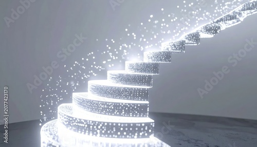 Glowing Futuristic Staircase Rising Through Bright Particles in Minimal Interior