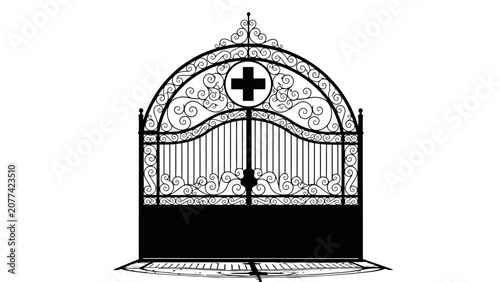 Canvastavla Black and White Illustration of Ornate Metal Gate with Medical Cross Symbol