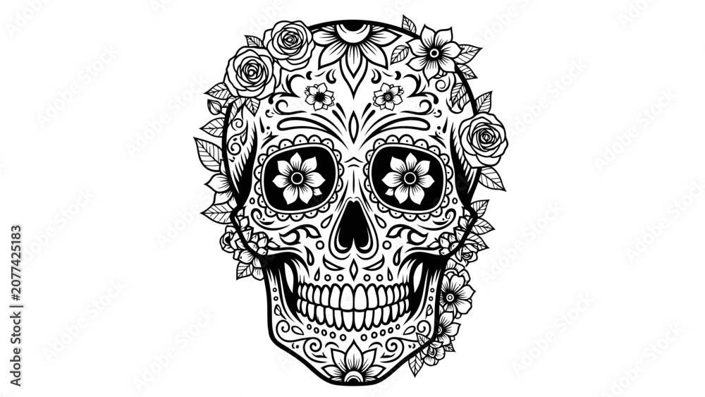 Fototapeta premium Sugar Skull with Floral Ornaments Line Art
