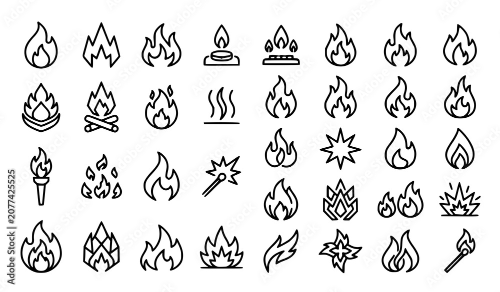 Fototapeta premium Flame Icon Collection Vector with Burning Fireball and Bonfire Symbols