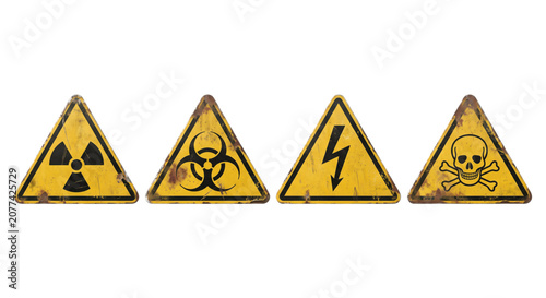 Konstfotografi Distressed yellow warning signs for radiation biohazard voltage and poison