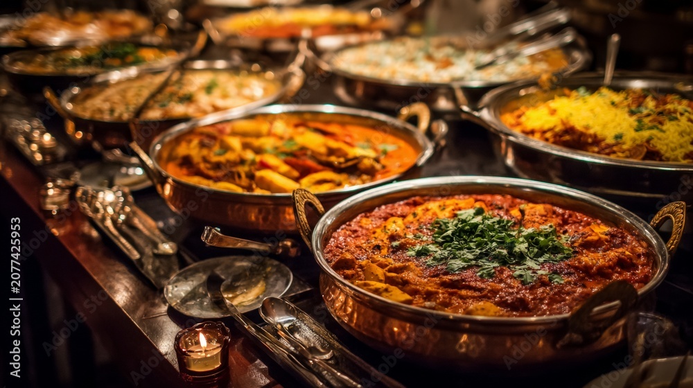 Fototapeta premium Indian food buffet with assorted curry dishes in metal bowls. Catering service with spicy meal selection. Traditional Asian cuisine served on table for dinner party event celebration.