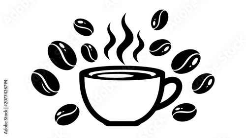 Canvastavla Black and White Coffee Cup Icon with Floating Roasted Beans