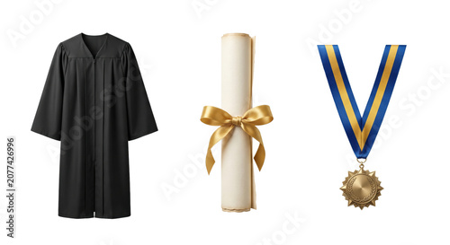 Cuadro en lienzo Graduation set with gown diploma and medal, isolated on transparent background