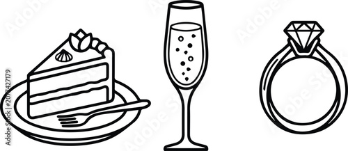 Set of 3 Wedding and Celebration Outline Icons Vector