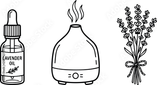 Lavender Essential Oil Bottle, Diffuser, and Bouquet Line Art Vector Set