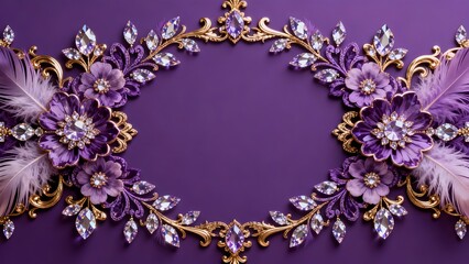 Purple floral frame with gold and feathers