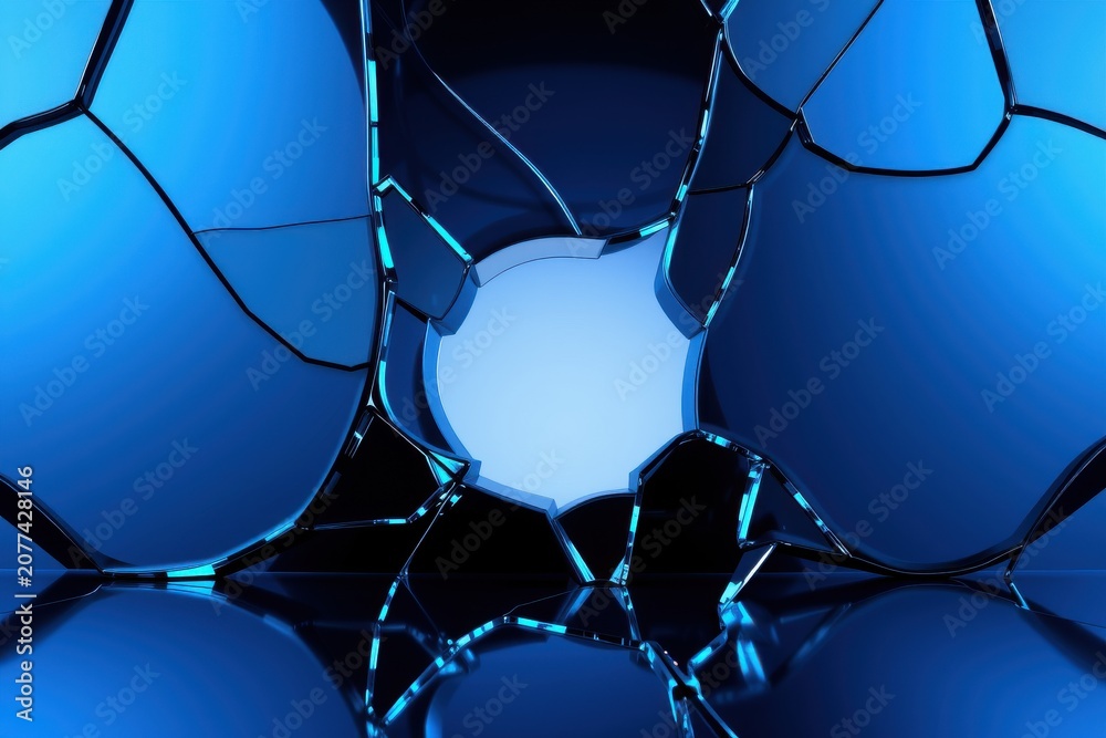 Fototapeta premium Abstract blue geometric shapes create tunnel illusion. Reflections suggest polished surfaces, dramatic lighting. Minimalist composition.