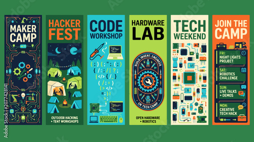 Tech Maker Camp vertical banners set, coding and hardware workshop posters, hacker fest event flyers with flat vector illustrations