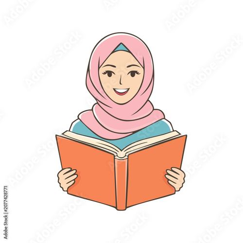 Woman in hijab reading an open book illustration