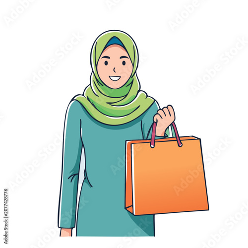 Woman in hijab holding shopping bag, flat vector illustration