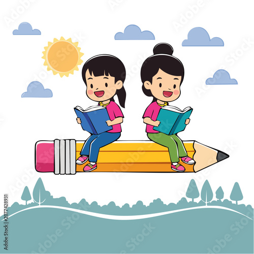 Cartoon children reading books on a giant pencil