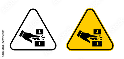 Crush hazard warning sign icon set with hand pinch symbol. Machine safety label for pinch points, industrial equipment and workplace safety