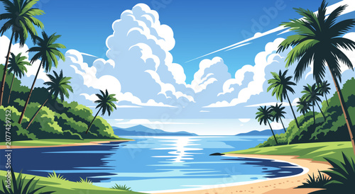 Bild auf Leinwand Tropical Island Beach Vector Illustration Design Featuring Lush Palm Trees and S