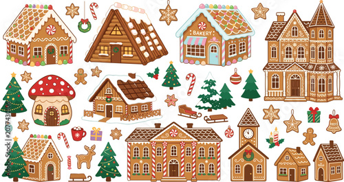 Christmas Gingerbread Houses Vector Illustration Set Featuring Cute Cookie Cottages, Bakery Shop, Castle, Mushroom House, and Frosted Winter Holiday Decor